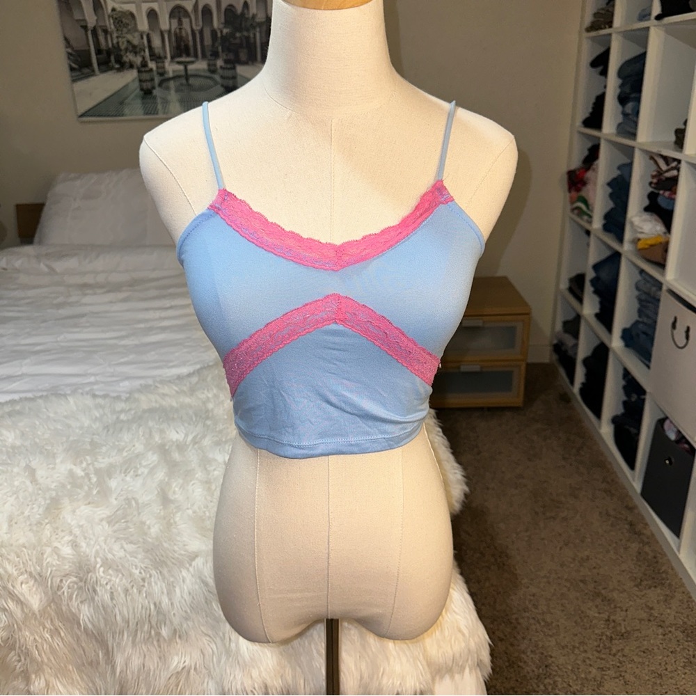 rue21 | Y2K 2000s Lace Trim Crop Cami  Tank Light Blue Pink XS